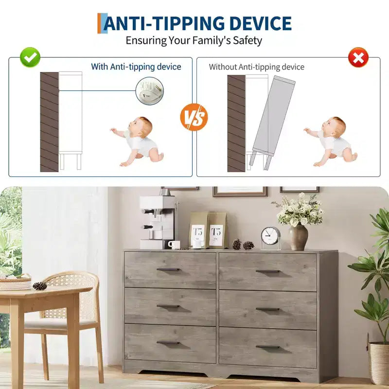 Commode de chambre, commode moderne à 6 tiroirs pour chambre à coucher, grand buffet de rangement en bois avec poignée en métal pour entrée, couloir