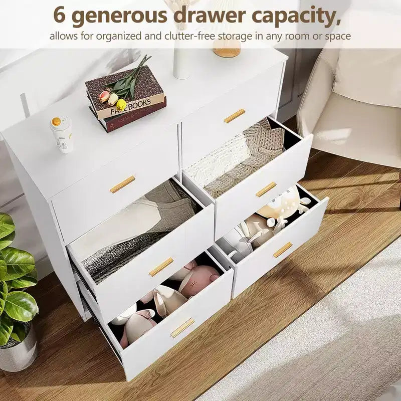 Commode de chambre, commode moderne à 6 tiroirs pour chambre à coucher, grand buffet de rangement en bois avec poignée en métal pour entrée, couloir