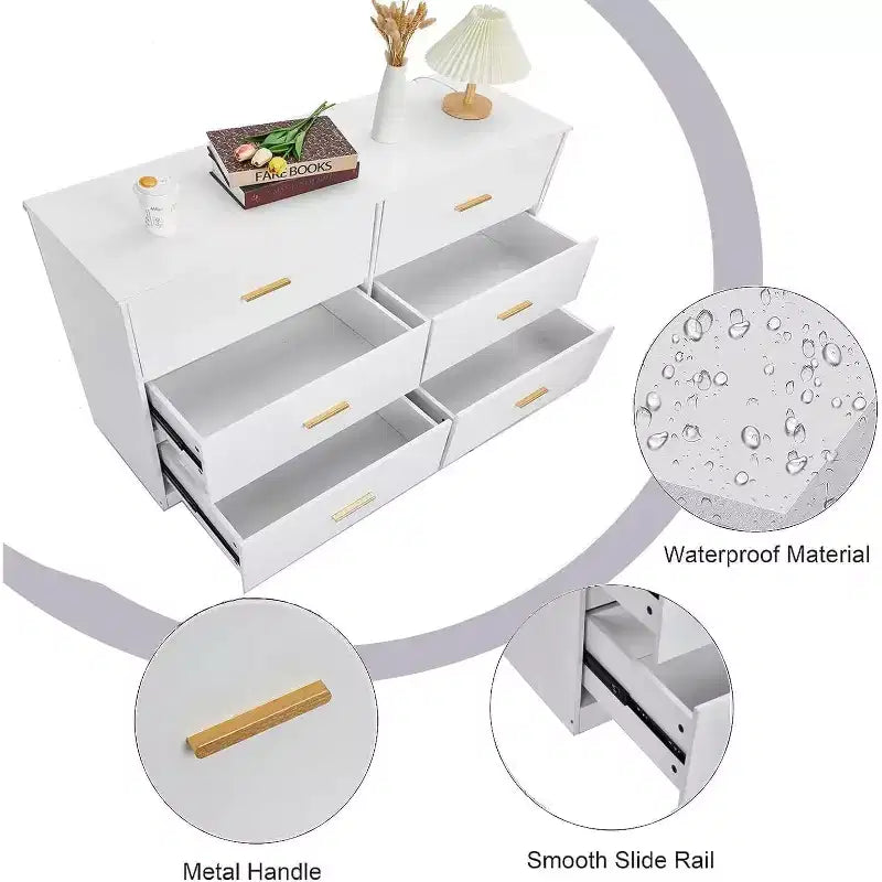 Commode de chambre, commode moderne à 6 tiroirs pour chambre à coucher, grand buffet de rangement en bois avec poignée en métal pour entrée, couloir