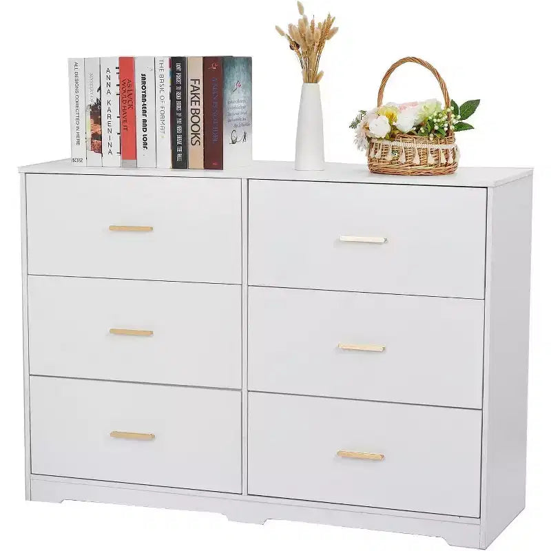 Commode de chambre, commode moderne à 6 tiroirs pour chambre à coucher, grand buffet de rangement en bois avec poignée en métal pour entrée, couloir