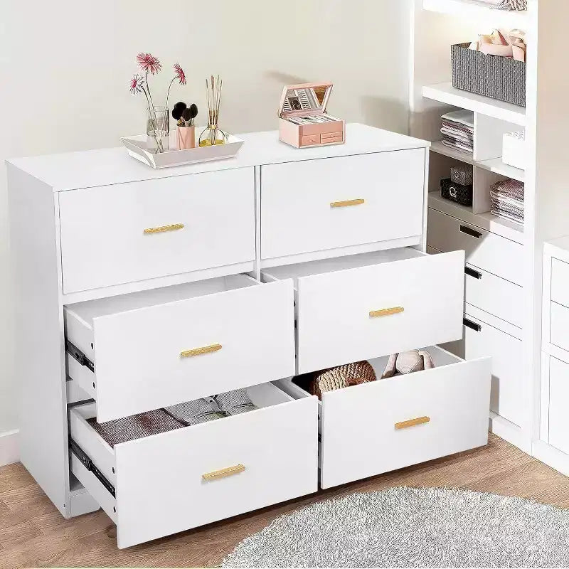 Commode de chambre, commode moderne à 6 tiroirs pour chambre à coucher, grand buffet de rangement en bois avec poignée en métal pour entrée, couloir