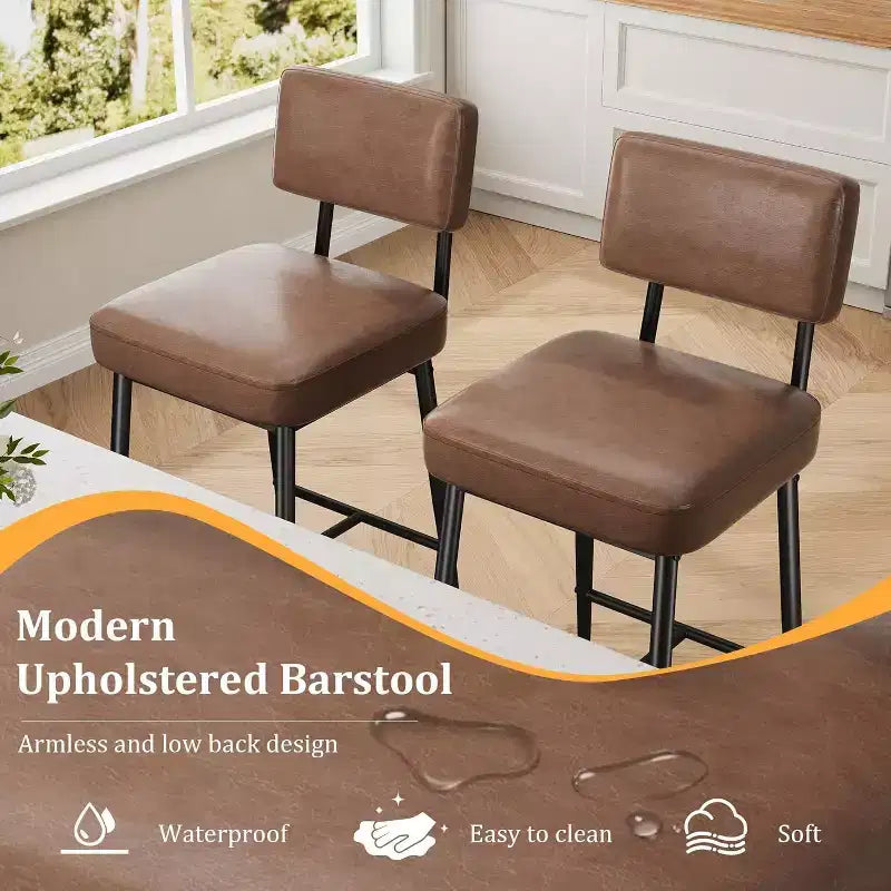 Lot de 2 tabourets de bar, tabourets de bar de 66 cm en similicuir avec dossier, pieds en métal, chaises de bar modernes rembourrées