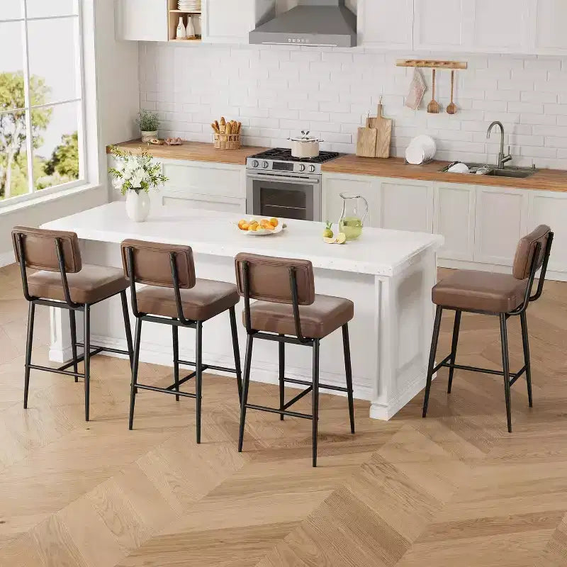 Lot de 2 tabourets de bar, tabourets de bar de 66 cm en similicuir avec dossier, pieds en métal, chaises de bar modernes rembourrées