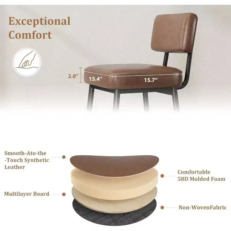 Lot de 2 tabourets de bar, tabourets de bar de 66 cm en similicuir avec dossier, pieds en métal, chaises de bar modernes rembourrées