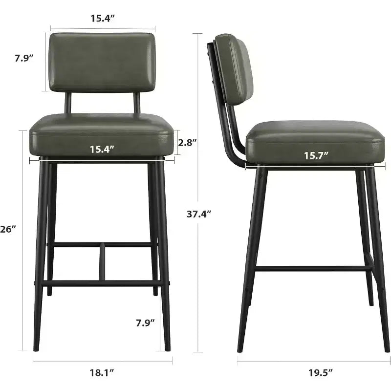 Lot de 2 tabourets de bar, tabourets de bar de 66 cm en similicuir avec dossier, pieds en métal, chaises de bar modernes rembourrées