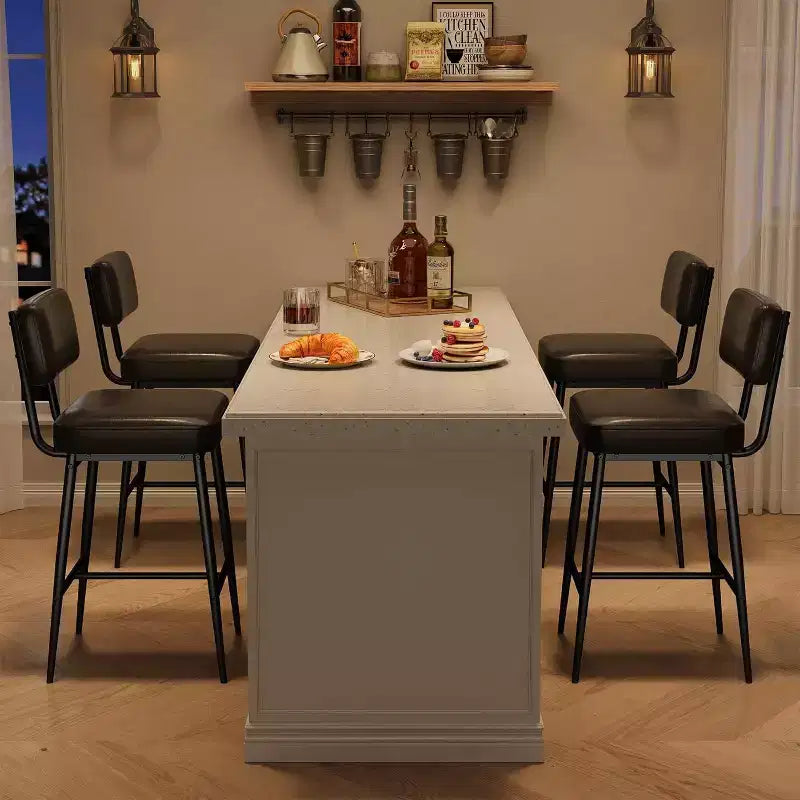 Lot de 2 tabourets de bar, tabourets de bar de 66 cm en similicuir avec dossier, pieds en métal, chaises de bar modernes rembourrées