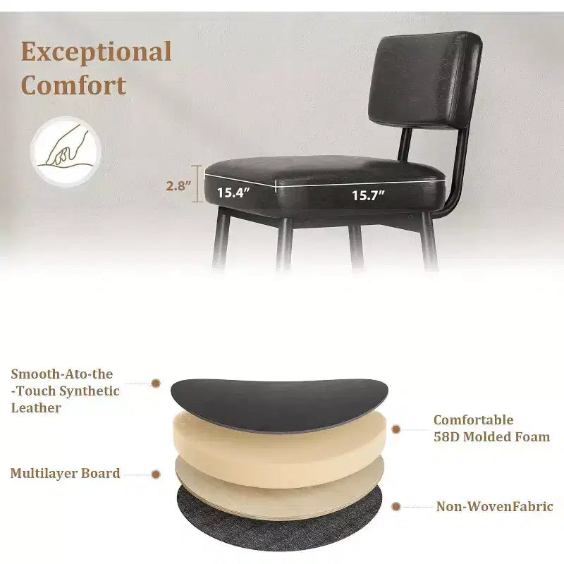 Lot de 2 tabourets de bar, tabourets de bar de 66 cm en similicuir avec dossier, pieds en métal, chaises de bar modernes rembourrées