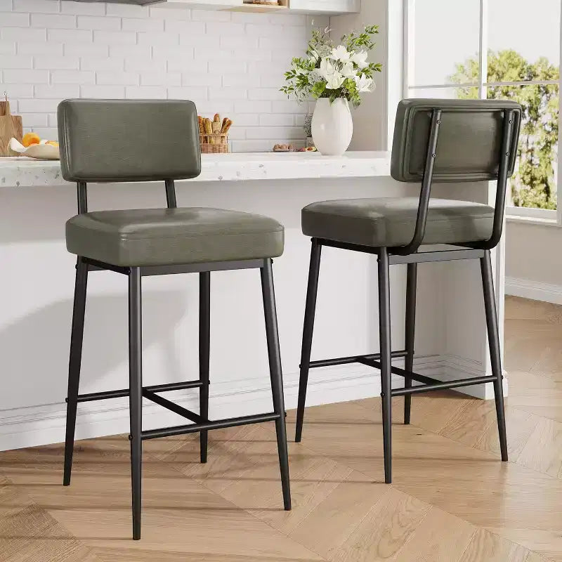 Lot de 2 tabourets de bar, tabourets de bar de 66 cm en similicuir avec dossier, pieds en métal, chaises de bar modernes rembourrées