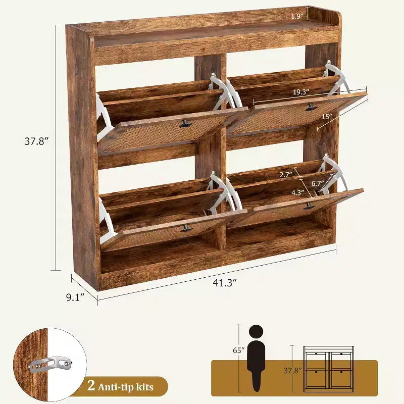 Meuble à chaussures en rotin avec 4 tiroirs basculants, organisateur de chaussures autoportant en bois avec étagères réglables, rangement à chaussures pour entrée, placard, couloir