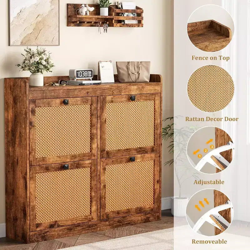 Meuble à chaussures en rotin avec 4 tiroirs basculants, organisateur de chaussures autoportant en bois avec étagères réglables, rangement à chaussures pour entrée, placard, couloir