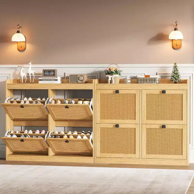 Meuble à chaussures en rotin avec 4 tiroirs basculants, organisateur de chaussures autoportant en bois avec étagères réglables, rangement à chaussures pour entrée, placard, couloir