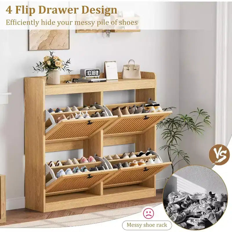 Meuble à chaussures en rotin avec 4 tiroirs basculants, organisateur de chaussures autoportant en bois avec étagères réglables, rangement à chaussures pour entrée, placard, couloir