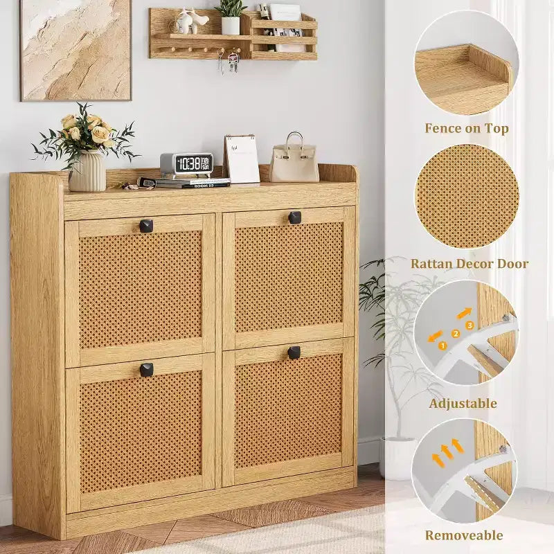 Meuble à chaussures en rotin avec 4 tiroirs basculants, organisateur de chaussures autoportant en bois avec étagères réglables, rangement à chaussures pour entrée, placard, couloir