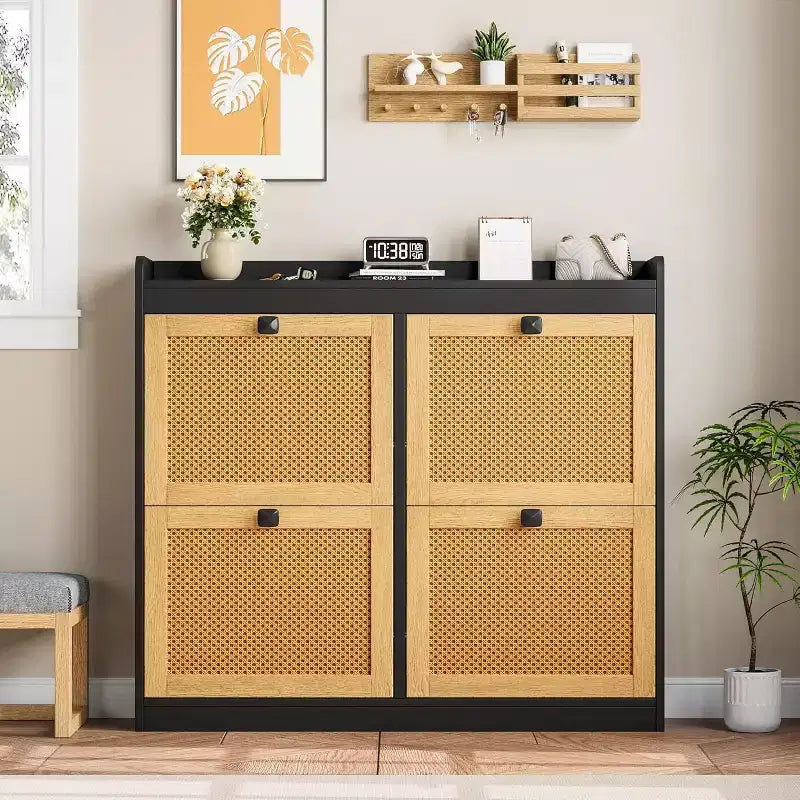 Meuble à chaussures en rotin avec 4 tiroirs basculants, organisateur de chaussures autoportant en bois avec étagères réglables, rangement à chaussures pour entrée, placard, couloir