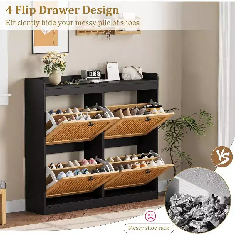 Meuble à chaussures en rotin avec 4 tiroirs basculants, organisateur de chaussures autoportant en bois avec étagères réglables, rangement à chaussures pour entrée, placard, couloir