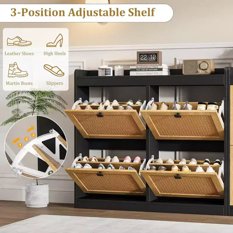 Meuble à chaussures en rotin avec 4 tiroirs basculants, organisateur de chaussures autoportant en bois avec étagères réglables, rangement à chaussures pour entrée, placard, couloir
