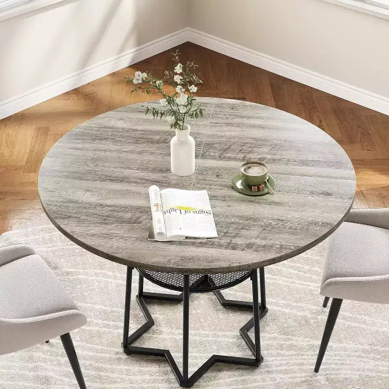 Table à manger ronde de 38 pouces avec base métallique hexagonale, plateau en bois et étagère de rangement inférieure, table compacte de style rustique pour cuisine, salon