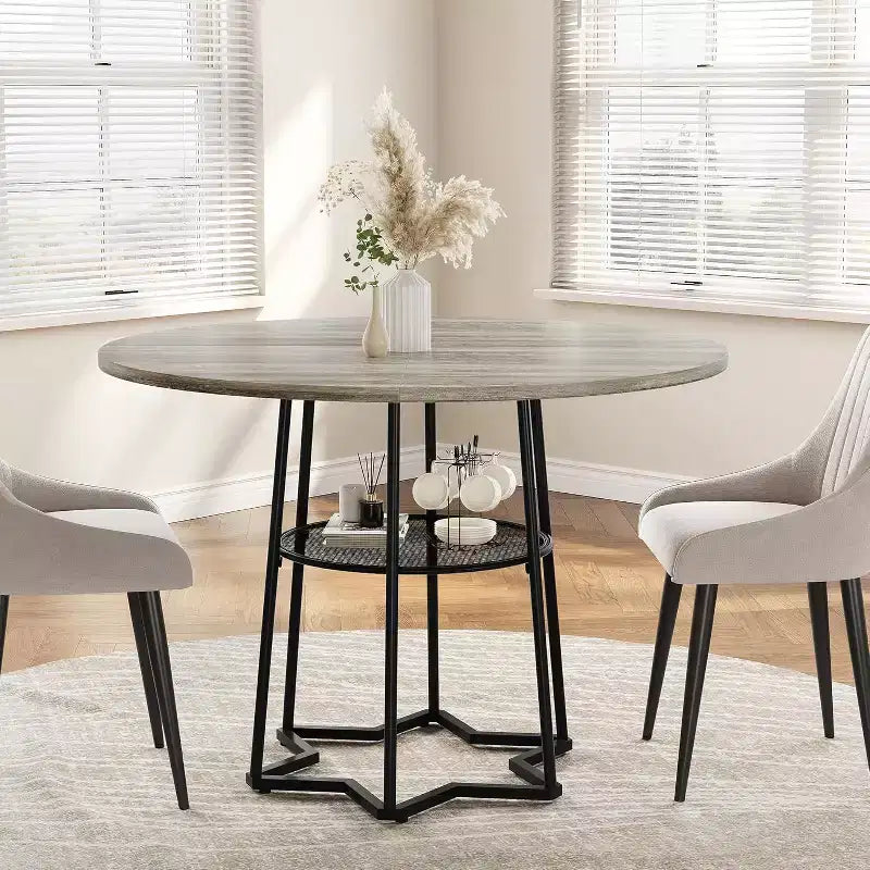 Table à manger ronde de 38 pouces avec base métallique hexagonale, plateau en bois et étagère de rangement inférieure, table compacte de style rustique pour cuisine, salon