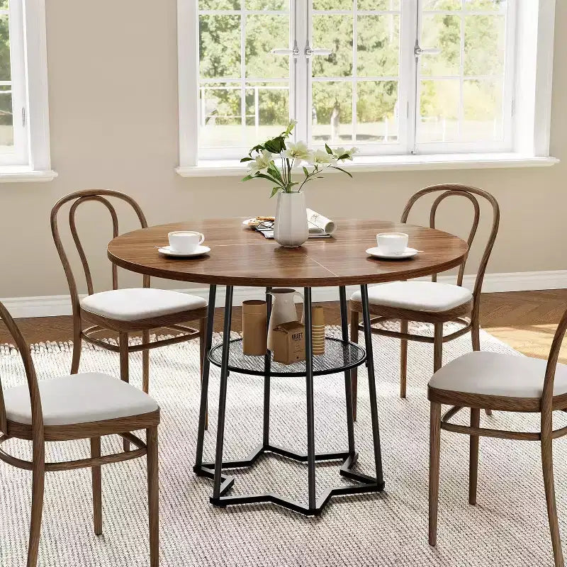 Table à manger ronde de 38 pouces avec base métallique hexagonale, plateau en bois et étagère de rangement inférieure, table compacte de style rustique pour cuisine, salon