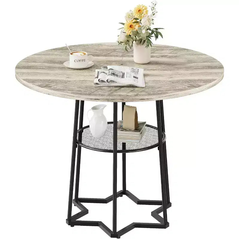Table à manger ronde de 38 pouces avec base métallique hexagonale, plateau en bois et étagère de rangement inférieure, table compacte de style rustique pour cuisine, salon