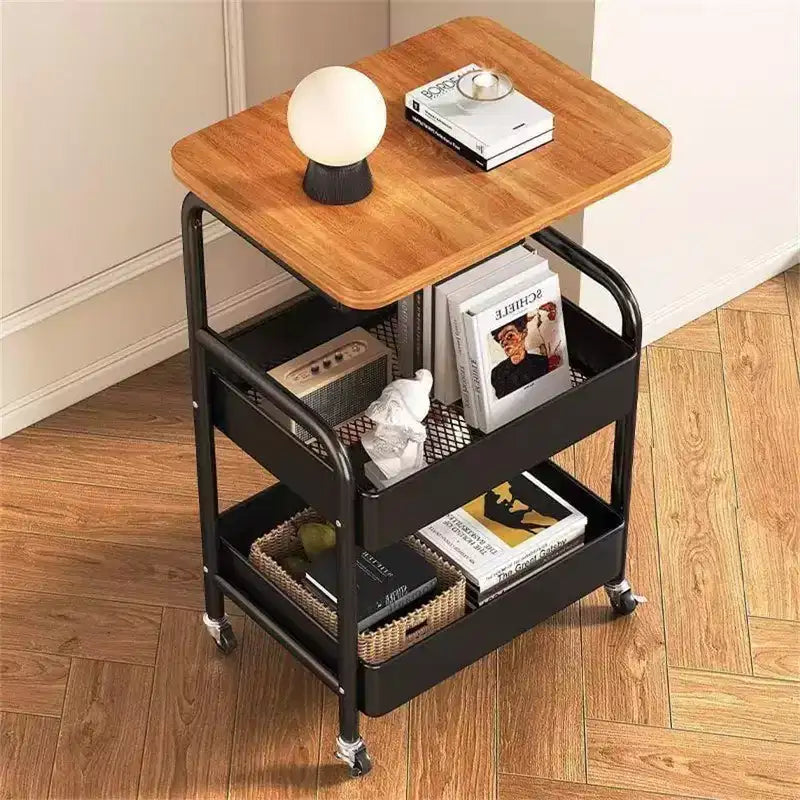 Chariot de rangement à 3 niveaux avec plateau en bois, Chariot de service avec roulettes verrouillables, Desserte de rangement polyvalente