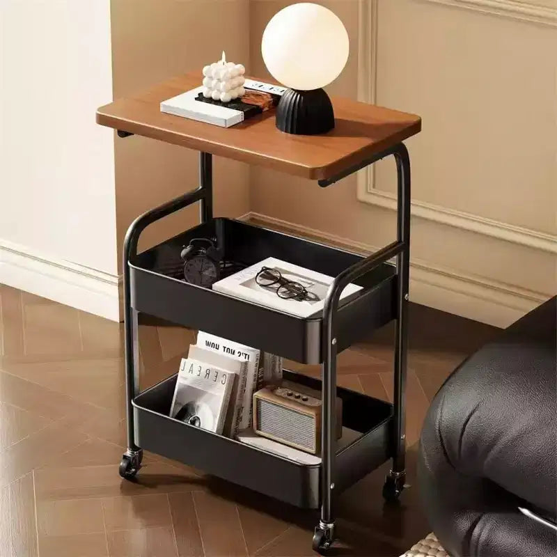 Chariot de rangement à 3 niveaux avec plateau en bois, Chariot de service avec roulettes verrouillables, Desserte de rangement polyvalente