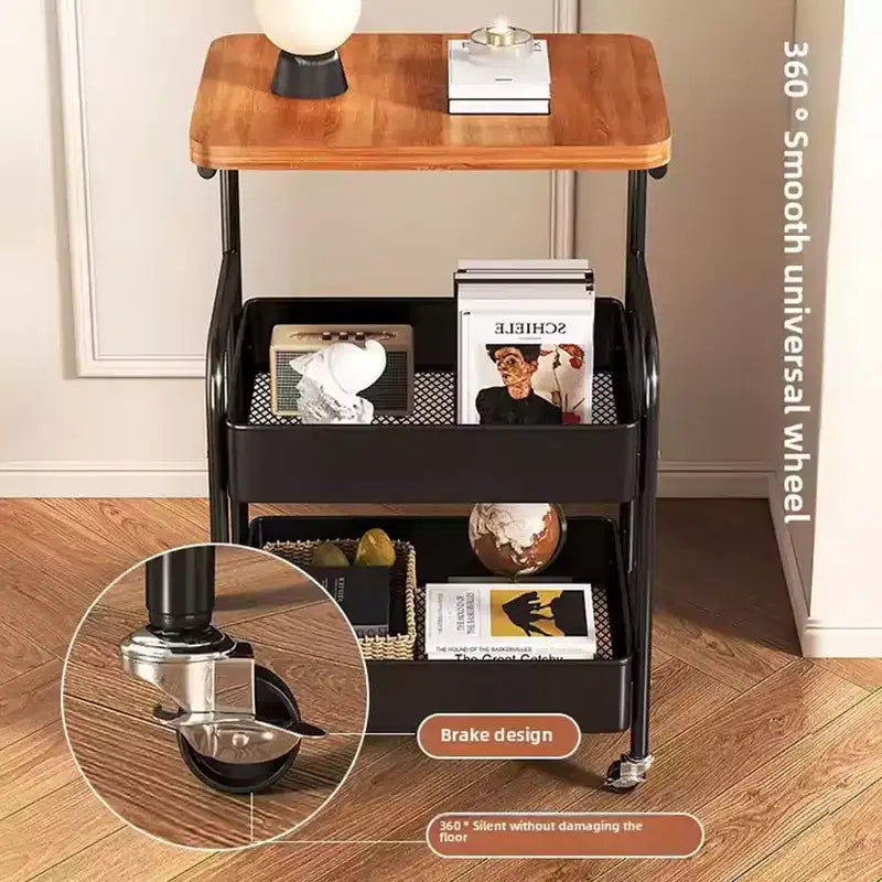 Chariot de rangement à 3 niveaux avec plateau en bois, Chariot de service avec roulettes verrouillables, Desserte de rangement polyvalente