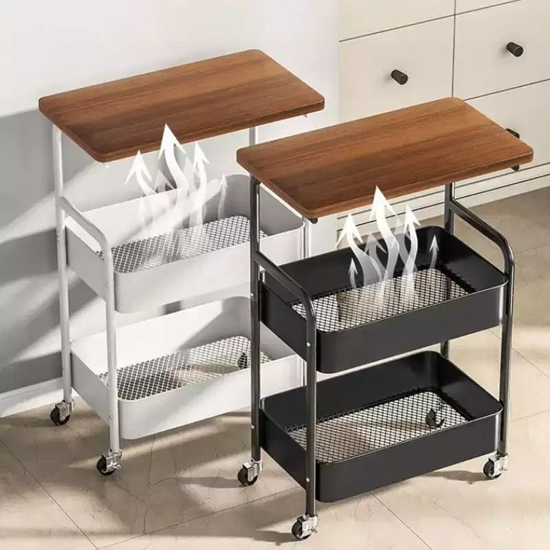 Chariot de rangement à 3 niveaux avec plateau en bois, Chariot de service avec roulettes verrouillables, Desserte de rangement polyvalente