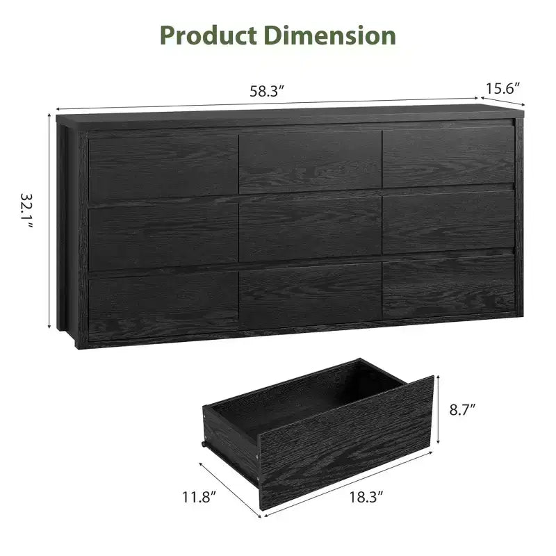 Commode à 9 tiroirs pour chambre à coucher, commode en bois de 58 pouces de large, meuble TV double tiroir, organisateur de rangement de vêtements pour placard, couloir, chambre à coucher
