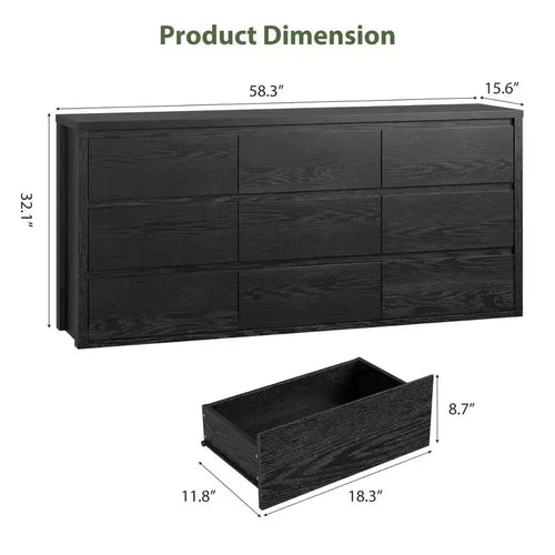 Commode à 9 tiroirs pour chambre à coucher, commode en bois de 58 pouces de large, meuble TV double tiroir, organisateur de rangement de vêtements pour placard, couloir, chambre à coucher