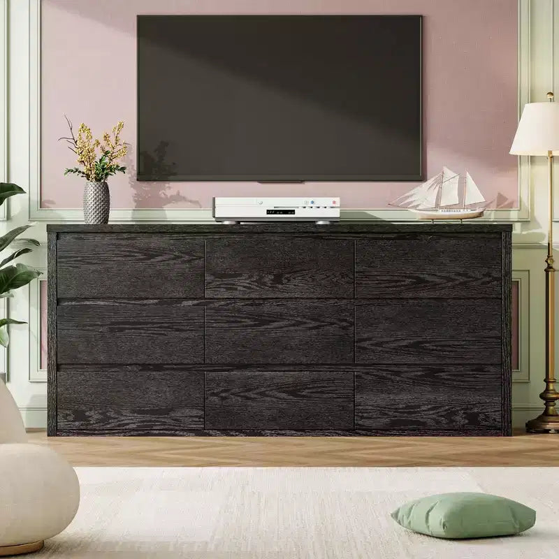 Commode à 9 tiroirs pour chambre à coucher, commode en bois de 58 pouces de large, meuble TV double tiroir, organisateur de rangement de vêtements pour placard, couloir, chambre à coucher
