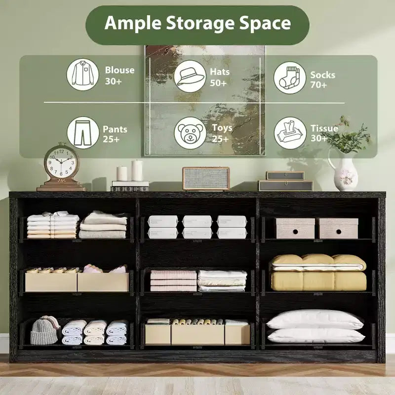 Commode à 9 tiroirs pour chambre à coucher, commode en bois de 58 pouces de large, meuble TV double tiroir, organisateur de rangement de vêtements pour placard, couloir, chambre à coucher